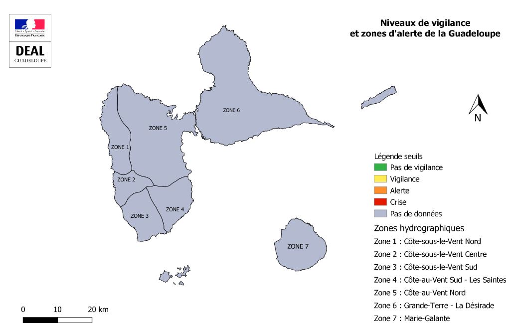 Carte des zones d'alerte de la Guadeloupe