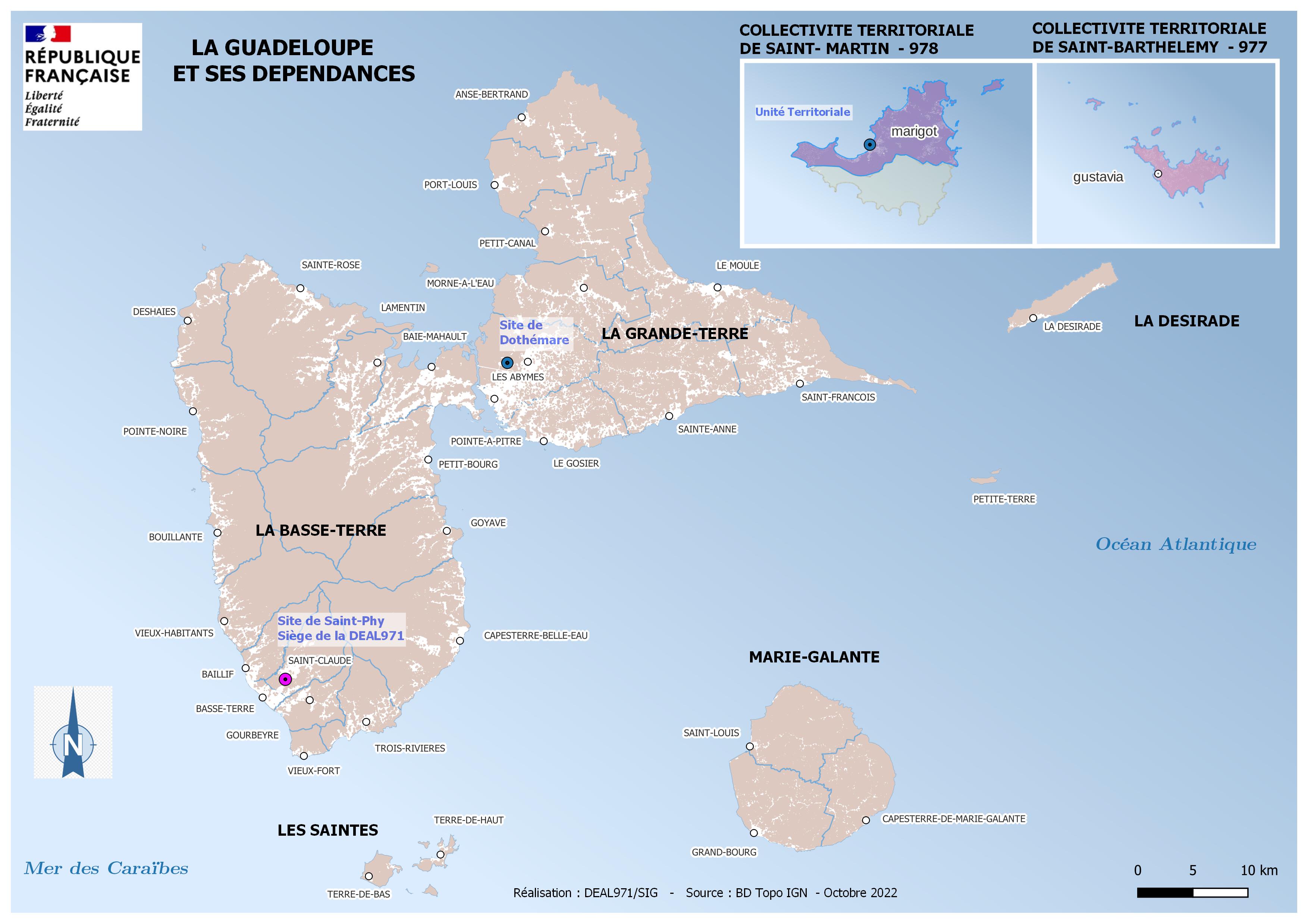 Localisation des sites d'implantation de la DEAL guadeloupe (octobre 2022)