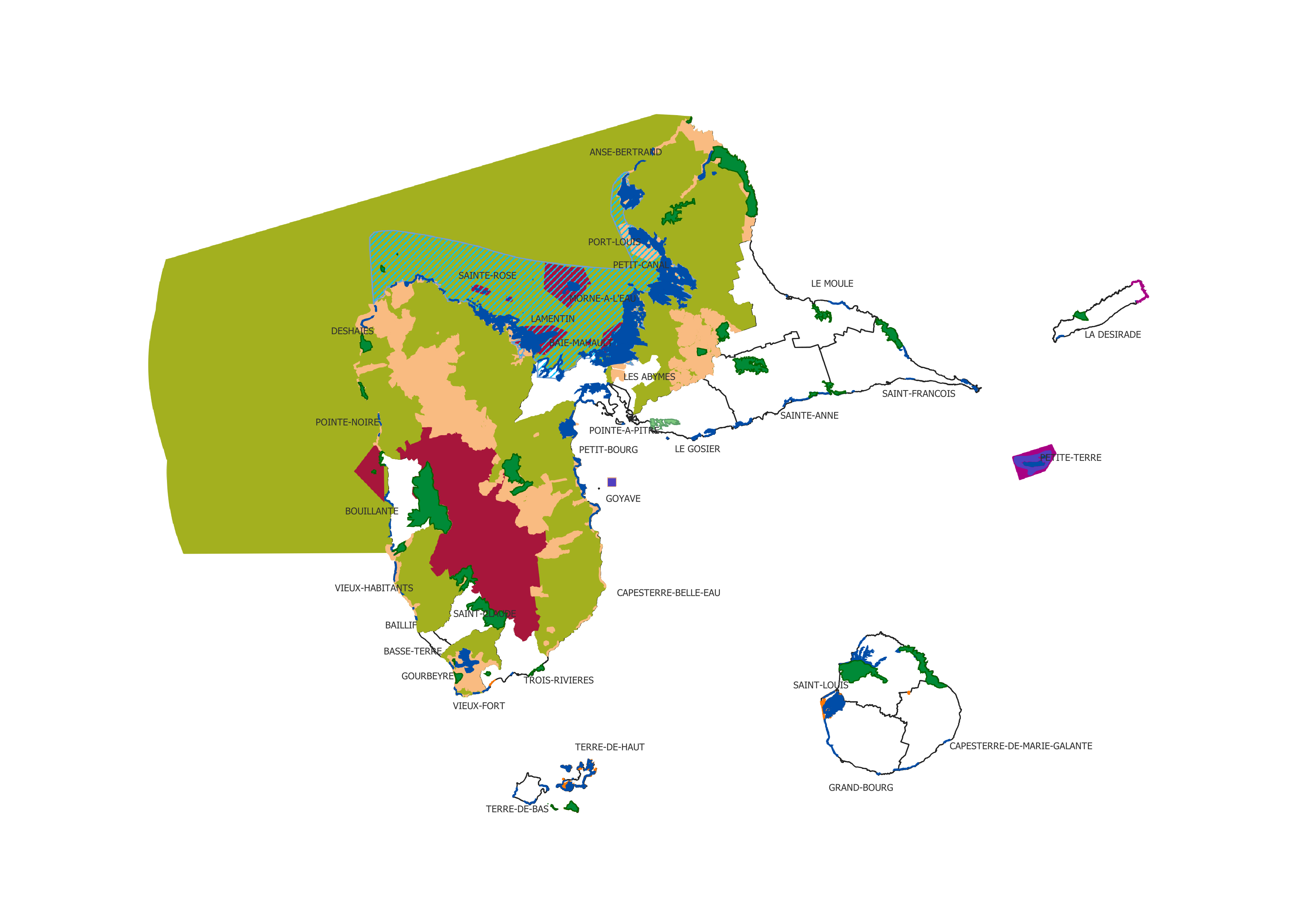 Exemple des informations diffusées par l’INPN en flux WMS, sur le territoire guadeloupéen